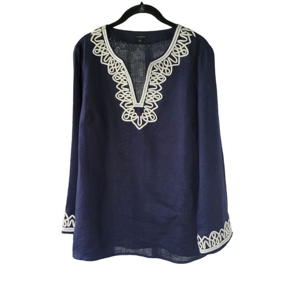 TALBOTS Small Linen Embroidered Nautical Coastal Preppy Tunic Top Navy & White - Picture 1 of 12